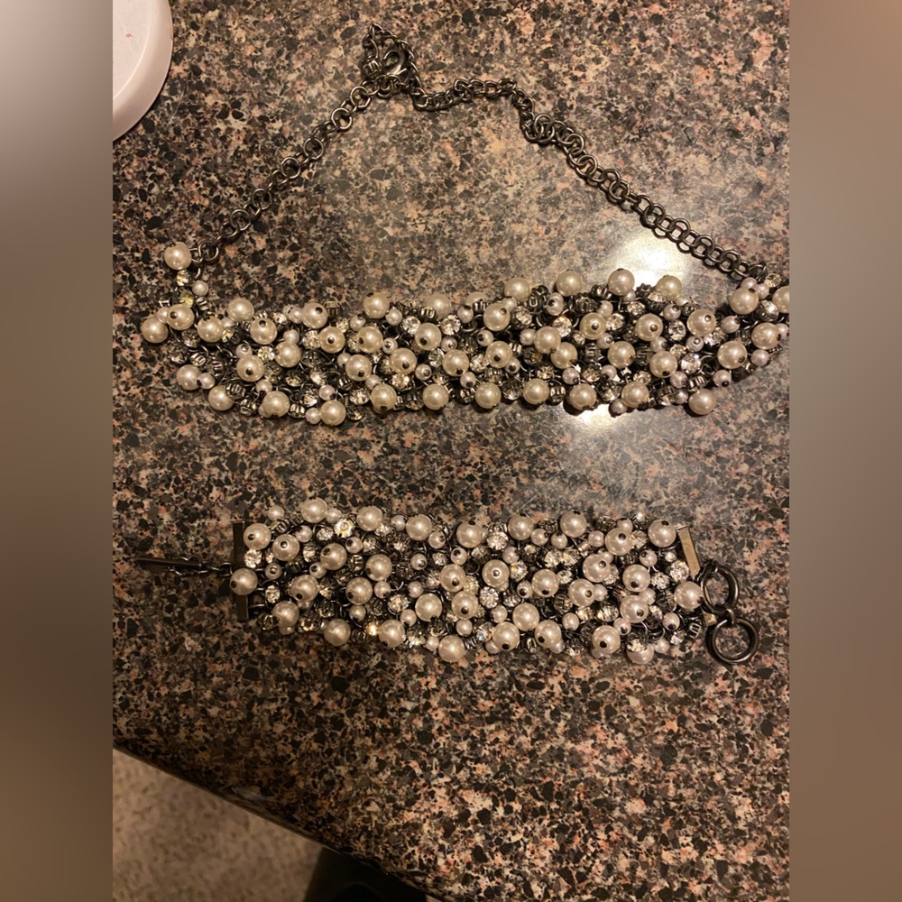 Premier Designs Necklace and Bracelet Pearl, Black, and Rhinestone